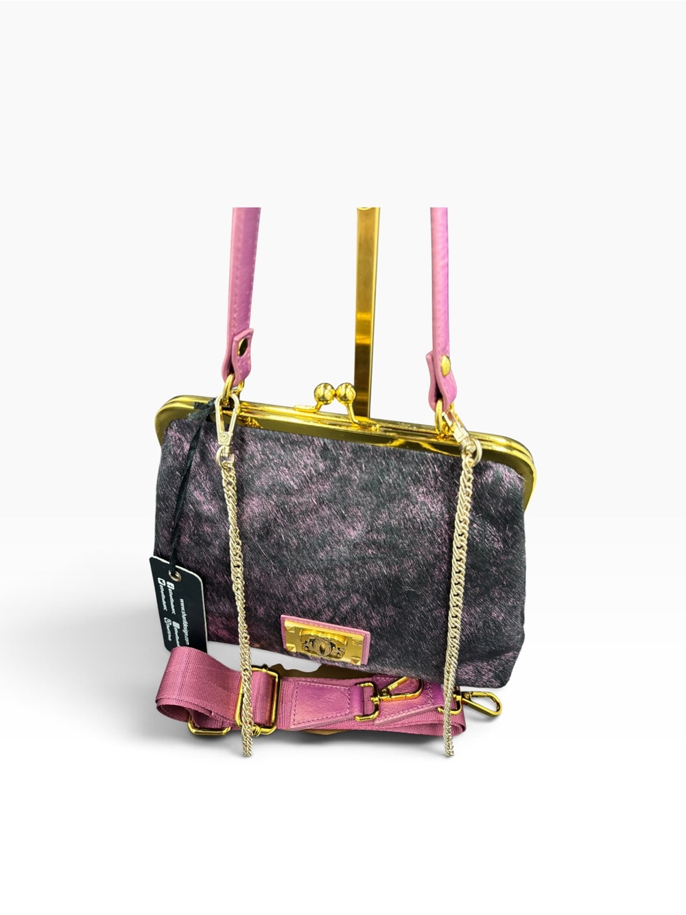 Sharif 1827 Purple Haircalf Kiss Lock Satchel Crossbody Bag Pink Gold - Picture 4 of 7